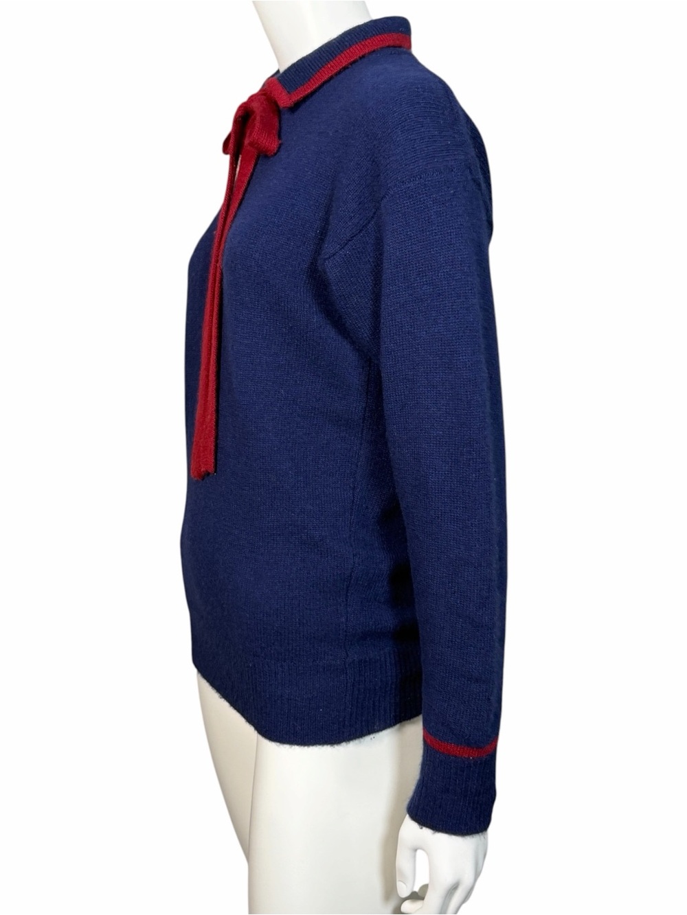 Vintage Neiman Marcus Sweater Navy Red Bow Collar Knit Soft Luxury S - Picture 7 of 8